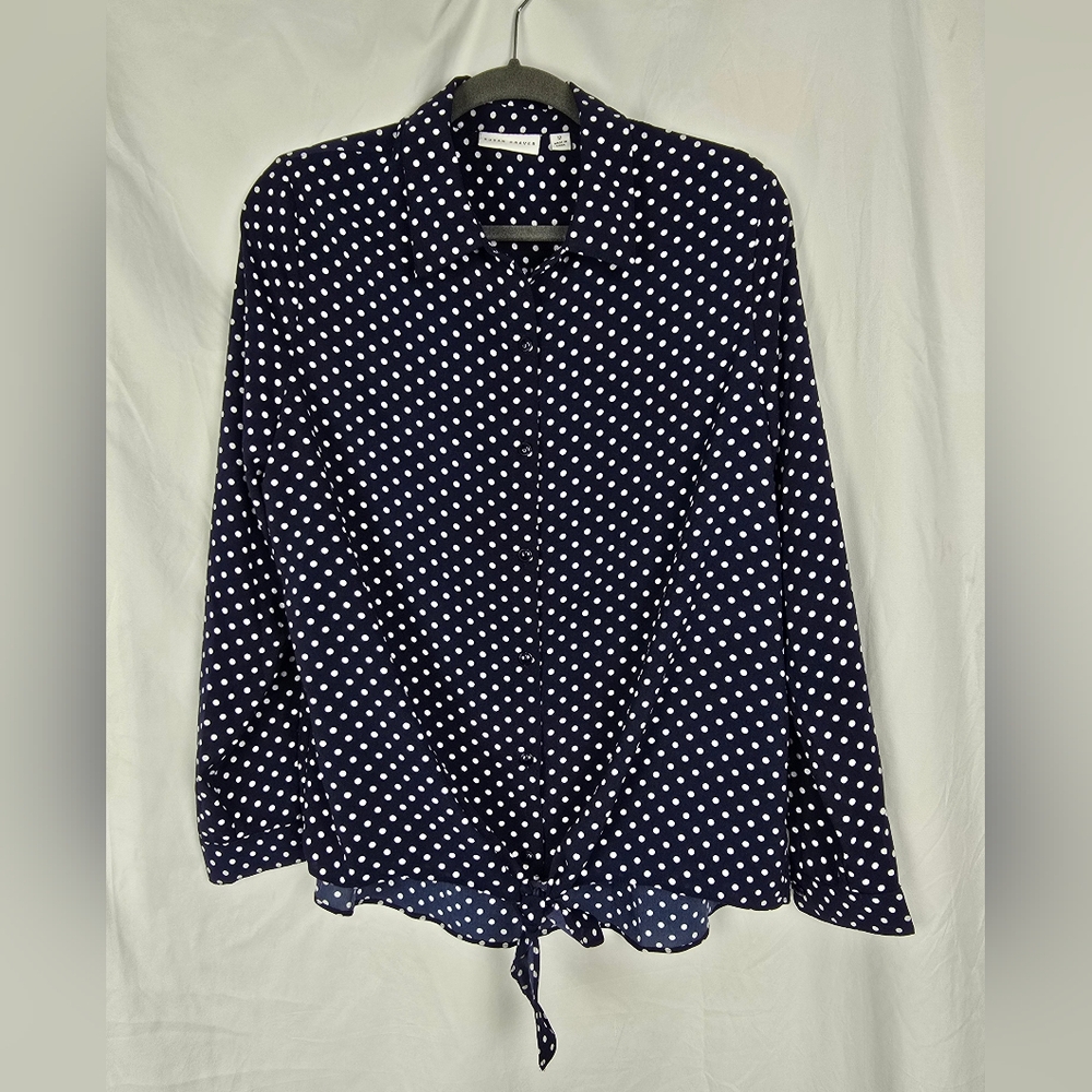 Susan Graver Navy Blue Retro Polka Dots Button-Up Women's Long Sleeve Top sz 12